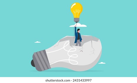 changing business strategies or ideas, move on to new business opportunities for career success, businessman flying leaving broken light bulb using new light bulb idea concept vector illustration