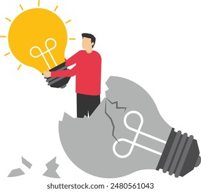 changing business strategies or ideas, move on to new business opportunities for career success, businessman flying leaving broken light bulb using new light bulb idea concept vector illustration

