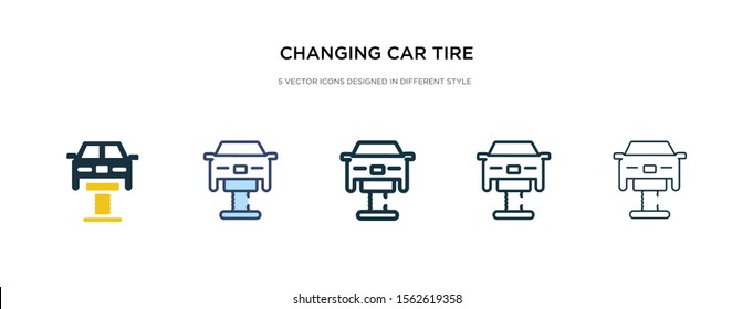 changing car tire icon in different style vector illustration. two colored and black changing car tire vector icons designed in filled, outline, line and stroke style can be used for web, mobile, ui
