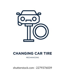 changing car tire icon from mechanicons collection. Thin linear changing car tire, auto, car outline icon isolated on white background. Line vector changing car tire sign, symbol for web and mobile