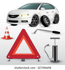 Changing The Car Wheel. Warning Triangle And Hand Pump. Vector Illustration