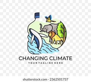 Changing climate, animals, plants, fish and birds, colored graphic design. Ecosystem, lion, elephant, macaw parrot, whale, ocean and trees, vector design and illustration