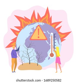 Cambio climático. Tierra quemada, fuego en el bosque, contaminación del planeta. Calentamiento global, emisiones de gases de efecto invernadero. Ilustración vectorial colorida.