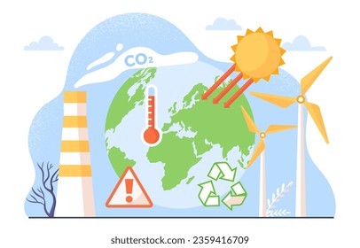 Changing of climate concept. Alternative energy sources and sustainable lifestyle. Windmills for power generation. Global environmental issues and problems. Cartoon flat vector illustration