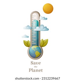 Changing of the climate, earth inside ecology thermometer, cartoon vector illustration, text save the planet