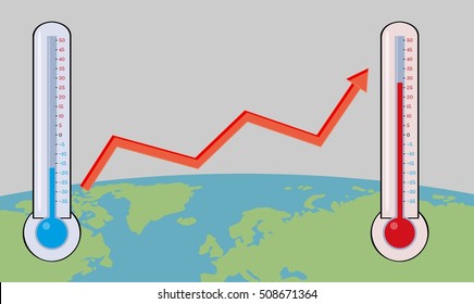 Changing climate on the earth with map. Thermometer illustrating rising temperature as a warning sign of melting glacier.