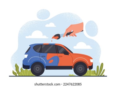 Changing color of car. Large hand with brush over vehicle. Repainting from blue to red, updating, tuning and modification. Advertising poster or banner for workshop. Cartoon flat vector illustration