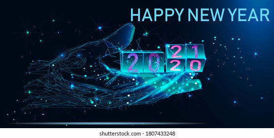 Changing Date From 2020 To 2021 On Cube Calendar. New Year's Concept. Polygonal vector. 