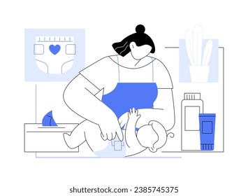 Changing diaper isolated cartoon vector illustrations. Cheerful mom changing diaper to her newborn baby, happy motherhood, young parents home routine, daily chores, kids care vector cartoon.