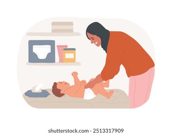 Mudando fralda ilustrações isoladas de vetor de desenhos animados. Mamãe alegre mudando fralda para seu bebê recém-nascido, maternidade feliz, pais jovens rotina de casa, tarefas diárias, crianças cuidar de desenhos animados vetoriais.