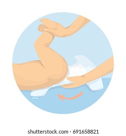 Changing diapers illustration. Adult hands with kid's body. Baby care.