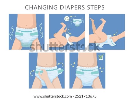 Changing diapers steps guide for young mothers scheme design template vector flat illustration. Newborn children hygiene procedure care and healthy clean instruction. Motherhood learning poster