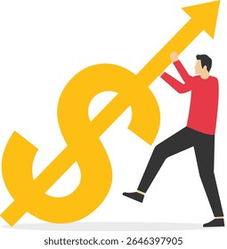 Changing direction, repelling risks or crises, improving or restoring strong economic trends, businessmen work to drive and change the growth arrow of the dollar sign stock illustration

