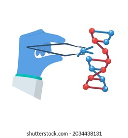 Changing DNA concept. Manipulation DNA. Synthesis process. Doctor edits helix. Laboratory research. Vector illustration flat design. Isolated on white background.