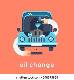 Changing Engine Oil Car. Flat Style Vector Illustration