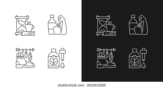 Changing habits and priorities linear icons set for dark and light mode. Slow living. Healthy lifestyle. Customizable thin line symbols. Isolated vector outline illustrations. Editable stroke