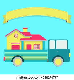Changing the house. Rental truck carrying a house on your body. Blank ribbon for insert text.