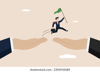 Changing job or career, determination and courage to change to a better place, confident businessman jumping from the hand of a giant to a new place.