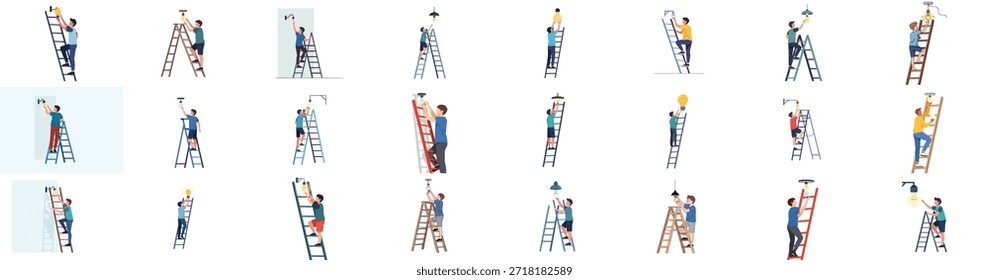 Ilustraciones de bombillas cambiantes. Conjunto de personas en escaleras que fijan, instalan y reemplazan lámparas para conceptos de mantenimiento, reparación y electricidad.