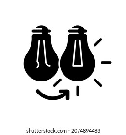 Changing lightbulb black glyph icon. Electrical repair. Bulb replacement. Lamp wattage. Leaving light bulb sockets empty. Silhouette symbol on white space. Vector isolated illustration