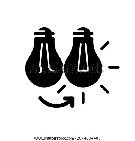 Changing lightbulb black glyph icon. Electrical repair. Bulb replacement. Lamp wattage. Leaving light bulb sockets empty. Silhouette symbol on white space. Vector isolated illustration