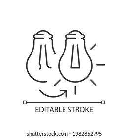 Changing lightbulb linear icon. Electrical repair. Bulb replacement. Lamp wattage. Thin line customizable illustration. Contour symbol. Vector isolated outline drawing. Editable stroke