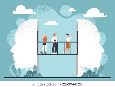 Changing mind thoughts. Man and women on bridge made of abstract head silhouettes. Cognitive abilities and creativity. Mindfulness and self development, mental health. Cartoon flat vector illustration