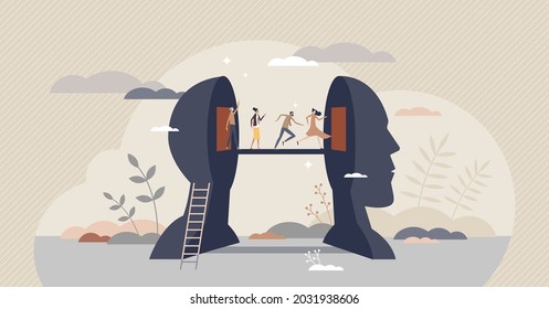 Changing mind thoughts and switch sides for opinion tiny person concept. Bipolar behavior and choice confusion as running from head into brains vector illustration. Individual thoughts transformation.