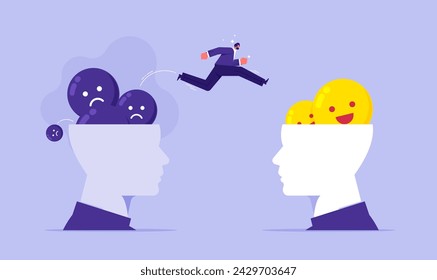 Changing mind thoughts and switch sides for opinion concept, business people change their attitude from negative to positive, stressed management or mental health awareness