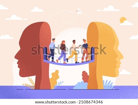 Changing mind thoughts and switch sides for opinion concept. Confused men and women can not make decisions and walk across bridge between halves of head. Cartoon modern flat vector illustration Stock photo © 