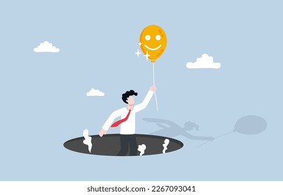 Cambiar la mentalidad para ser más positivo para una vida mejor, reformular el pensamiento negativo, el concepto optimista, el hombre de negocios volando fuera de los hoyos usando un globo facial sonriente.