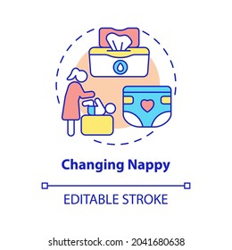 Ändern des Nappy-Concept-Icons. Kinderbetreuung abstrakte Idee dünne Linie Illustration. Baby-Hygiene. Entfernen Sie Hautausschlag mit Pulver und Creme. Vektorgrafik einzeln auf Umrissfarben. Bearbeitbarer Hub