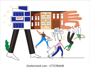 Changing neighborhood. People are moving from neighbourhood to cheaper location.  Contrast between new modern buildings and old house. Gentrification protest. Flat vector cartoon illustration 