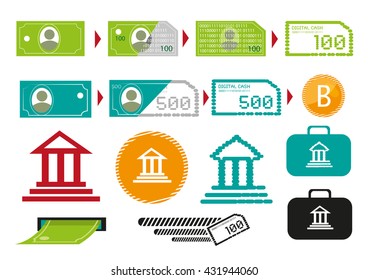 Changing Paper Cash into Digital Currency to transact business. Editable Clip Art.