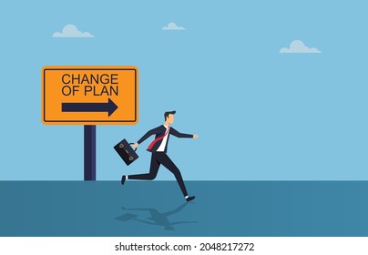 Changing of plans concept, businessman running toward new plan vector illustration