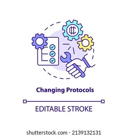 Cambiar el icono de concepto de protocolos. Ilustración de línea delgada de idea abstracta con desventaja de divisa criptográfica. Tecnología Blockchain. Dibujo de contorno aislado. Trazo editable. Fuentes Arial, Myriad Pro-Bold utilizadas