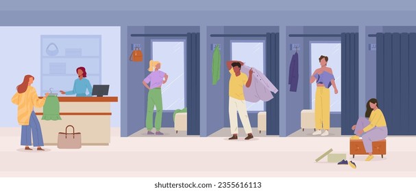 changing room background. people trying clothes background, cartoon male and female characters fitting clothes, clothes store concept. vector cartoon characters set.