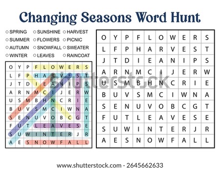 Changing Seasons Word Hunt puzzle with highlighted words: Flowers, Harvest, Picnic, Snowfall, Winter, Leaves, and Raincoat.