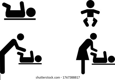 Changing station restroom sign vectors icon set of 4 including baby isolated and on table baby, Man and woman changing diaper silhouette 