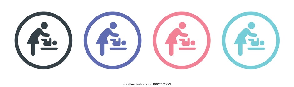 Changing station restroom sign vectors icon. Woman changing diaper of baby symbol on circle button.