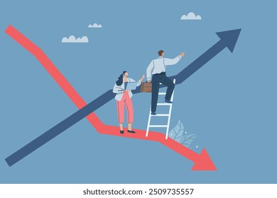 Changing strategies or adjusting business investments, The shift from downturn to a rising stock market recovery concept, Businessmen or investors avoid the down arrow and turn to the up arrow.