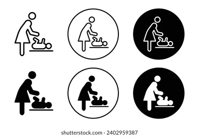 Changing table icon.  mother baby child cloth diaper changing table in restroom or washroom symbol. newborn kid toddler nappy changing station by babysitter mom vector set. 