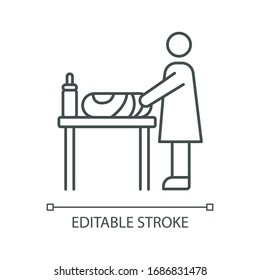 Changing table pixel perfect linear icon. Mother changing diapers for baby. Caregiver with child. Thin line customizable illustration. Contour symbol. Vector isolated outline drawing. Editable stroke