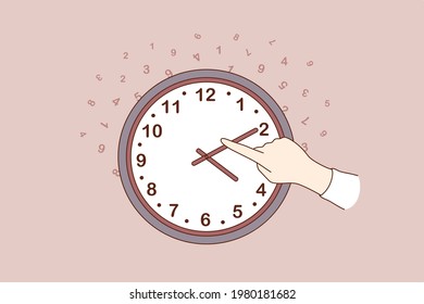 Changing time concept. Human hand changing time on large wall clock over dark brown background vector illustration 