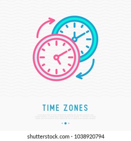 Changing of time zones symbol. Clocks with arrows thin line icon. Modern vector illustration.