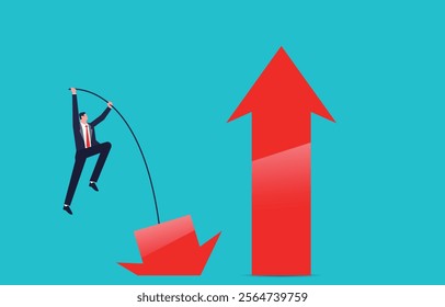 Changing or transforming, turning around, challenging the odds and conquering adversity, a businessman pole vaulting from the down arrow to the up arrow of growth