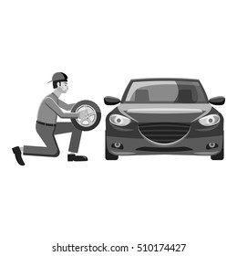 Changing wheel on car icon. Gray monochrome illustration of changing wheel on car vector icon for web
