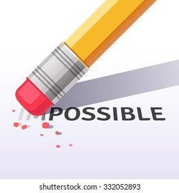 Changing the word impossible to possible with a pencil eraser. Flat style vector illustration isolated on white background.