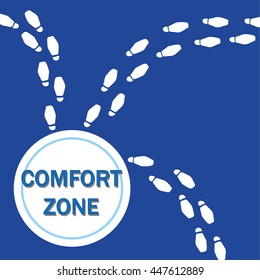 Changing your life concept with footsteps heading in different directions from an area called the Comfort Zone