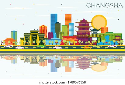 Changsha China City Skyline with Color Buildings, Blue Sky and Reflections. Vector Illustration. Business Travel and Tourism Concept with Modern Architecture. Changsha Cityscape with Landmarks.